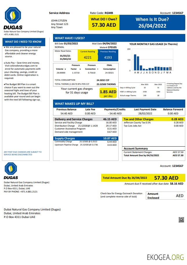 UAE Dubai Natural Gas Company Limited (Dugas) utility bill template in Word and PDF format